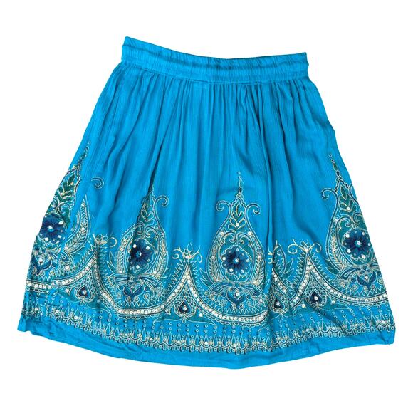 Blue Yellow Boho Bohemian Embroidered Tie Elastic Waist Knee Length Skirt size M - Picture 3 of 7